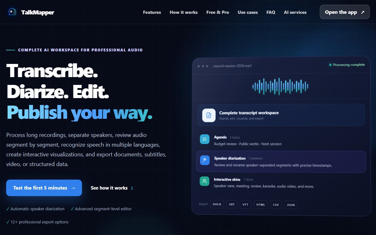 Página inicial do TalkMapper, aplicativo de transcrição com identificação dos falantes
